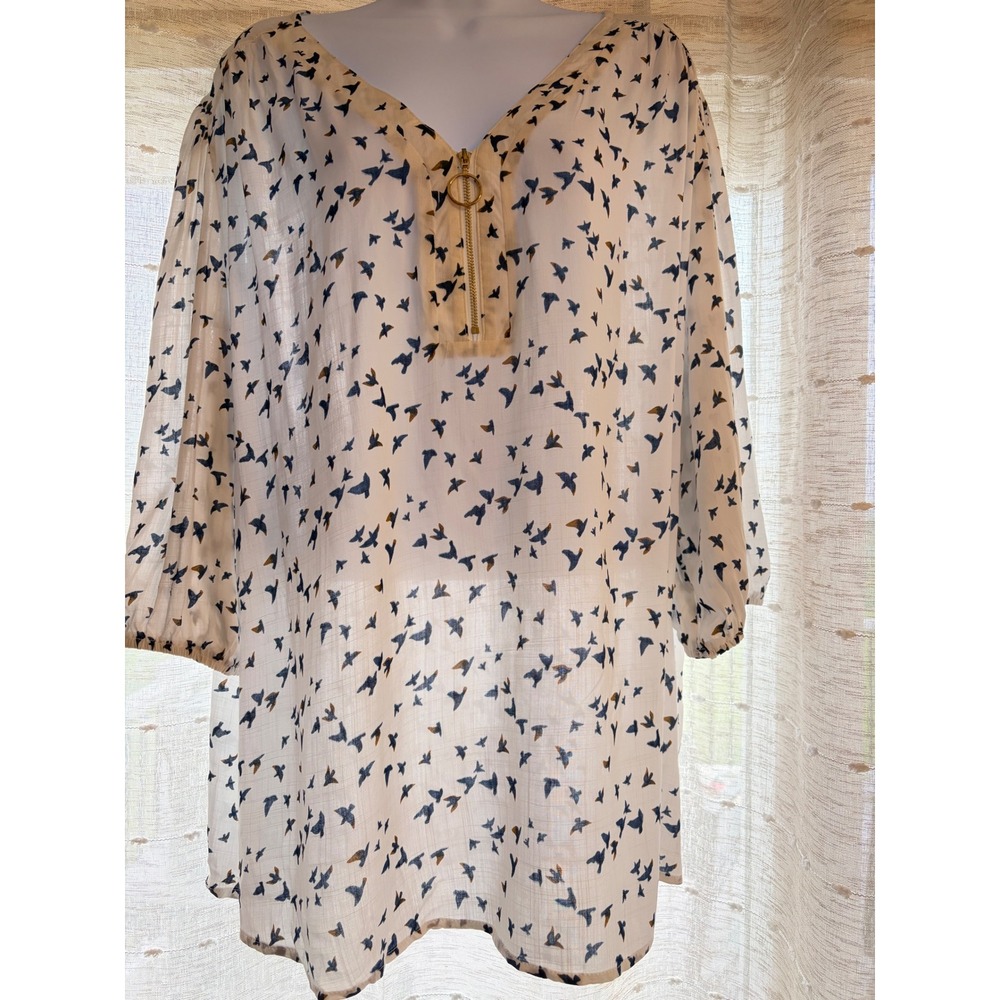 Siren Lily Women 3X White Bird Print Zip V-Neck Tunic Blouse ST9794X